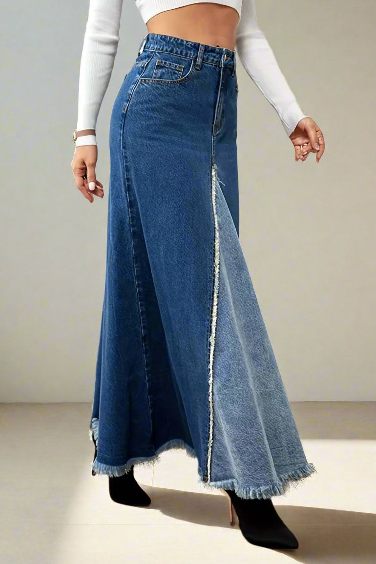High Waist Denim Midi A-Line Skirt Lavish Daily
