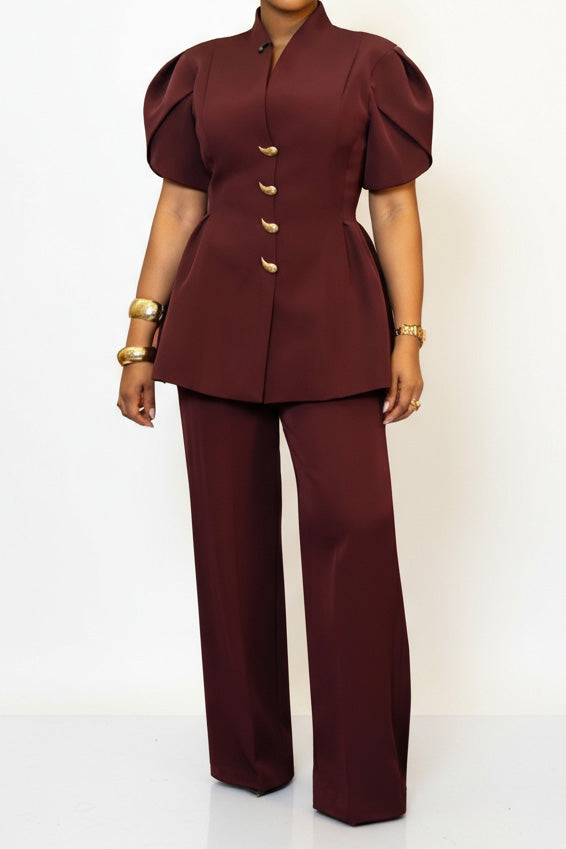 Elegant Puff Sleeve Button Two-Piece Set Lavish Daily