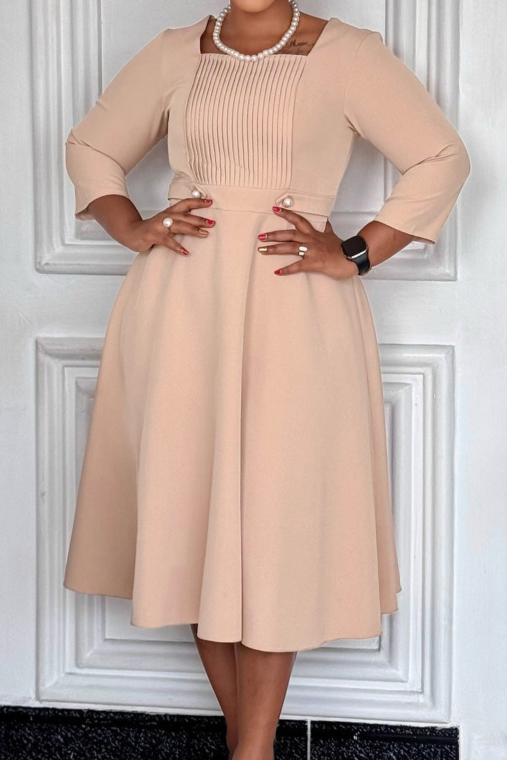 Square Neck Pleated Plus Size Waist Dress Lavish Daily
