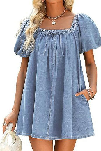 Bubble Sleeve Square Neck Denim Babydoll Dress Lavish Daily