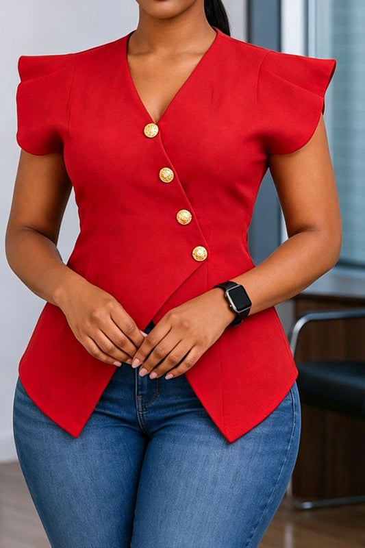 Asymmetrical Button-Front Flutter Sleeve Peplum Top Lavish Daily