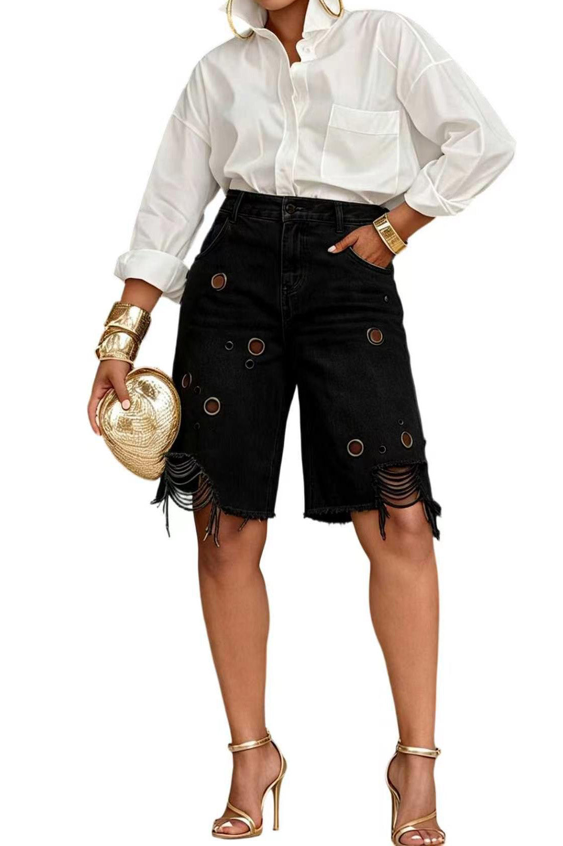 Grommet Distressed Denim Bermuda Shorts Lavish Daily