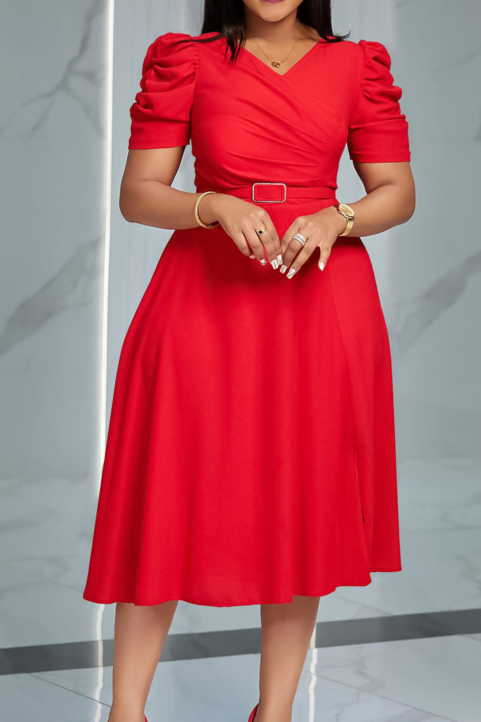 Solid Ruched Midi Dress Lavish Daily