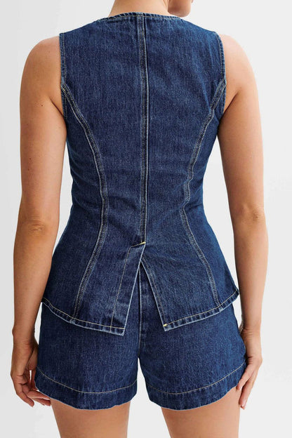 Denim Button-Up Vest & Shorts Set Lavish Daily