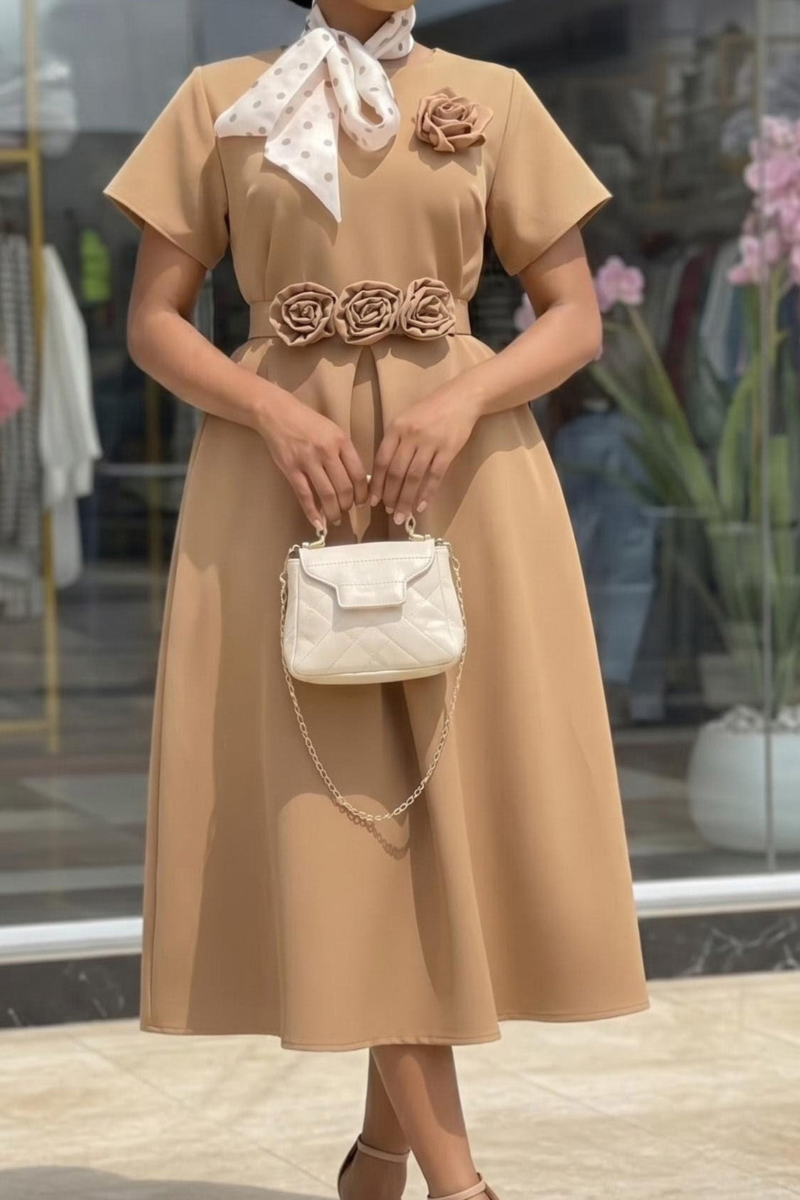 3D Rosette Belted A-Line Midi Dress Lavish Daily