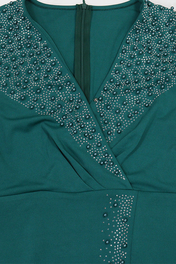 Rhinestone V-Neck Puff Sleeve Maxi Dress Lavish Daily