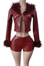 Snake Texture Faux Leather Long Sleeve Shorts Set Lavish Daily