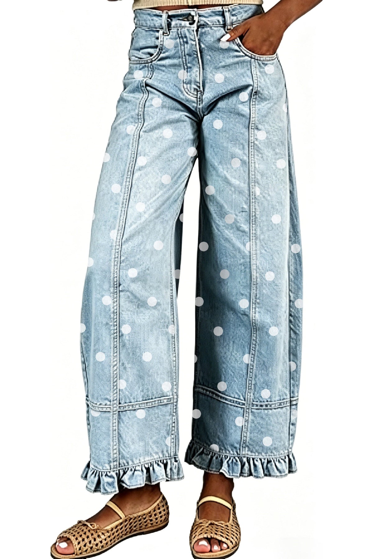 Polka Dot Wide Leg Jeans with Ruffle Hem Lavish Daily