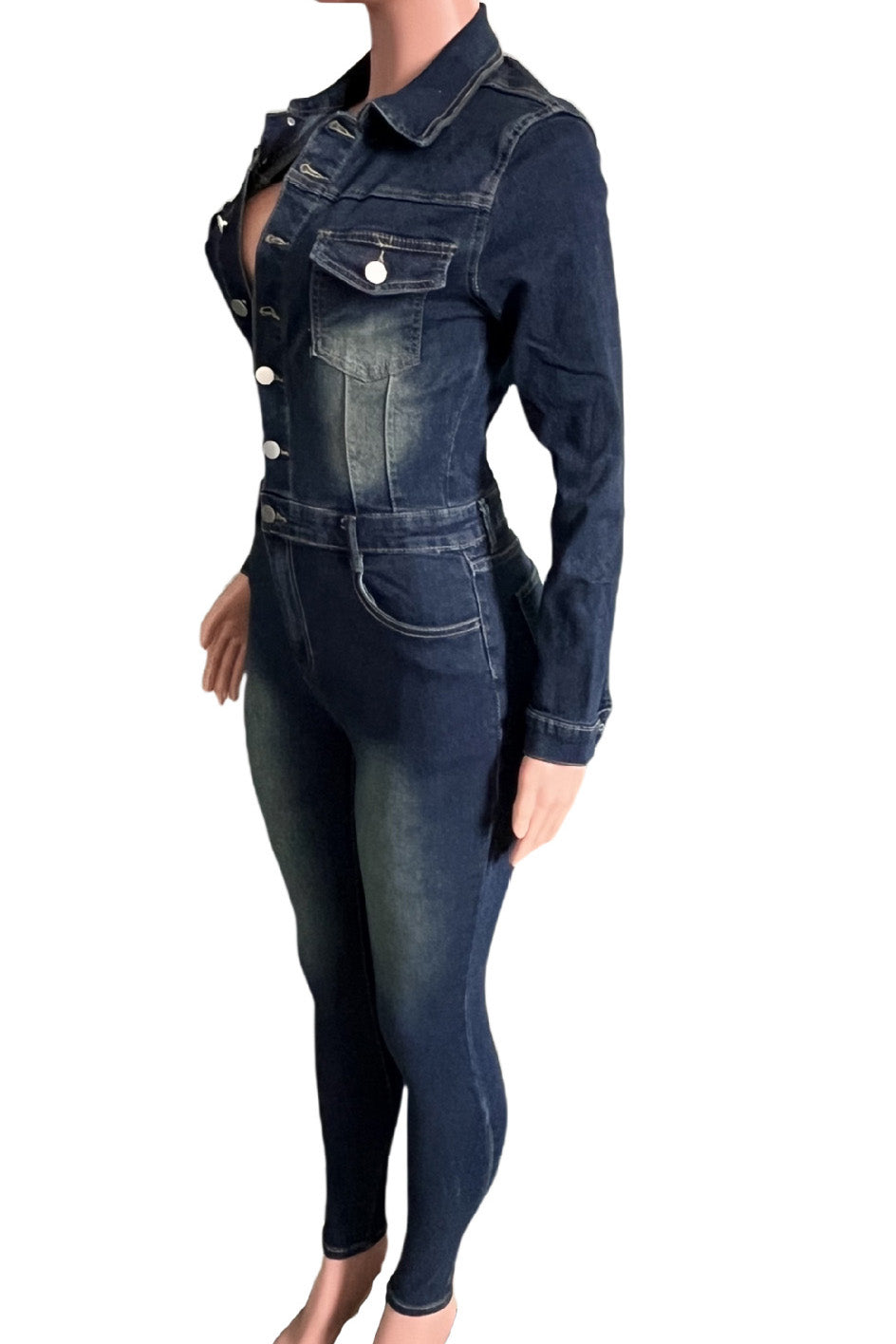 Stretch Denim Jumpsuit Long Sleeve Slim Fit Lavish Daily