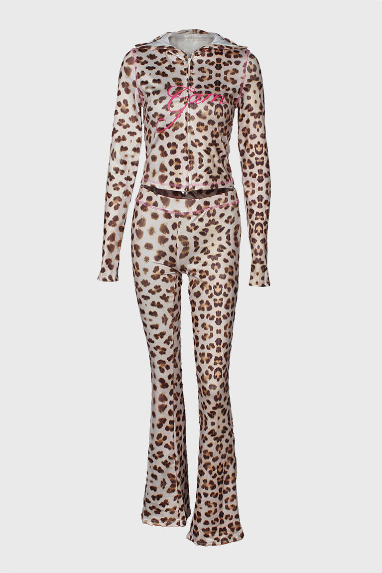 Leopard Print Casual Hoodie & Long Pants Set Lavish Daily
