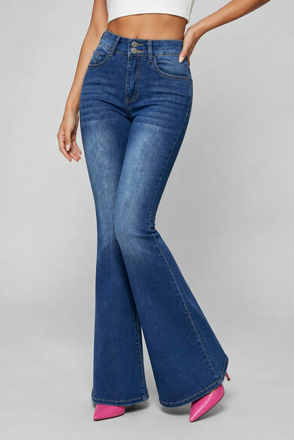 High Rise Double Button Flare Jeans Lavish Daily