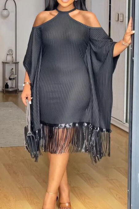 Plus Size Sequin Tassel Batwing Sleeve Dress Lavish Daily