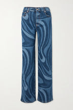 Wave Print Straight Leg Denim Jeans Lavish Daily