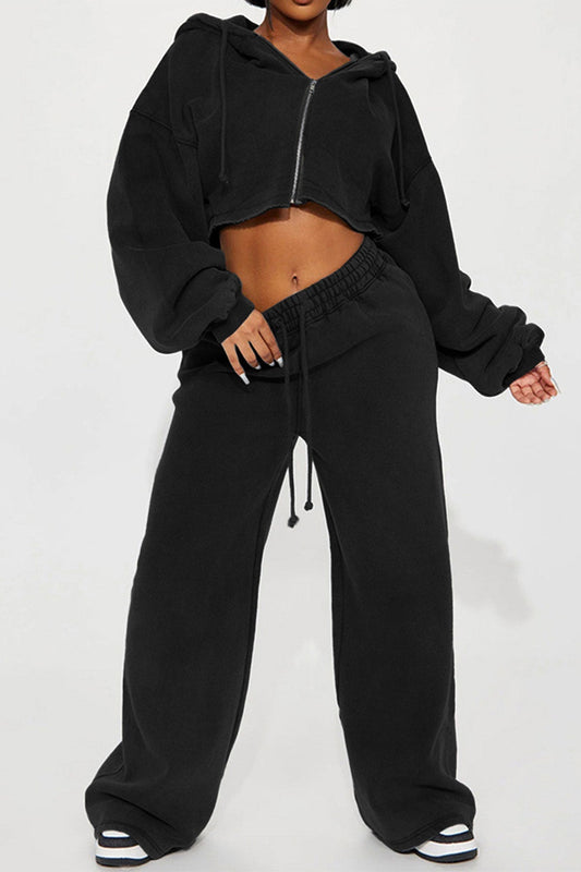 Cropped Zip Hoodie & Wide Leg Sweatpants Set Lavish Daily