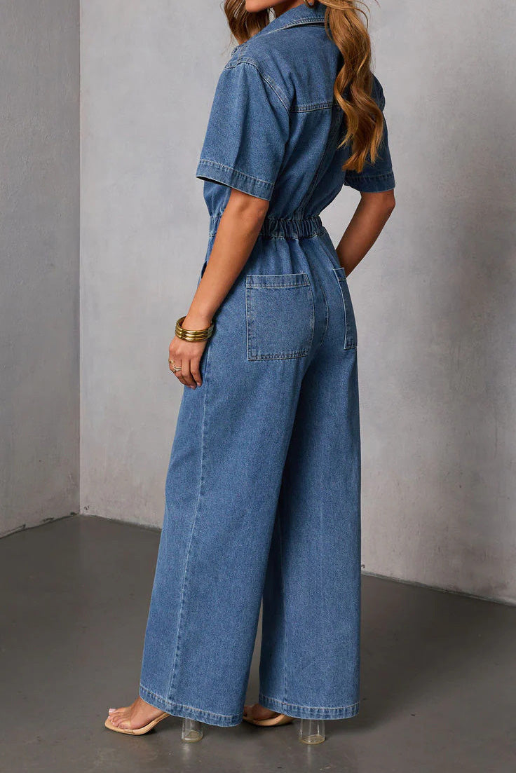Elastic Waist Denim Jumpsuit Short Sleeve Wide Leg Lavish Daily