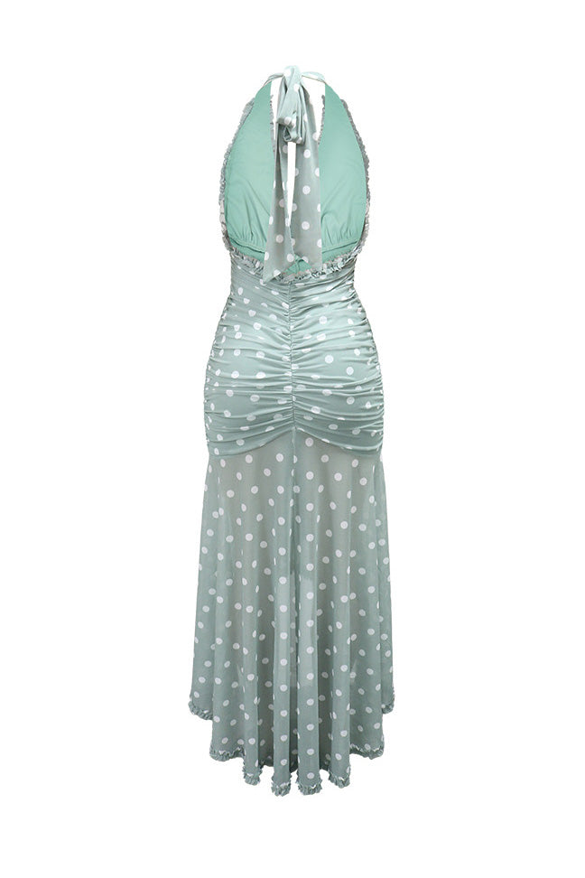 Plunging Halter Ruched Ruffle Maxi Dress Lavish Daily