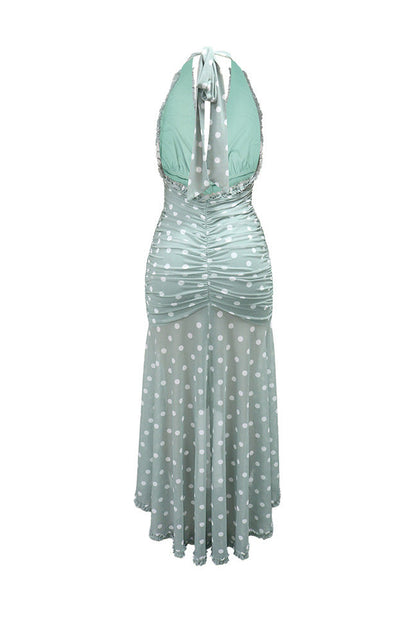 Plunging Halter Ruched Ruffle Maxi Dress Lavish Daily