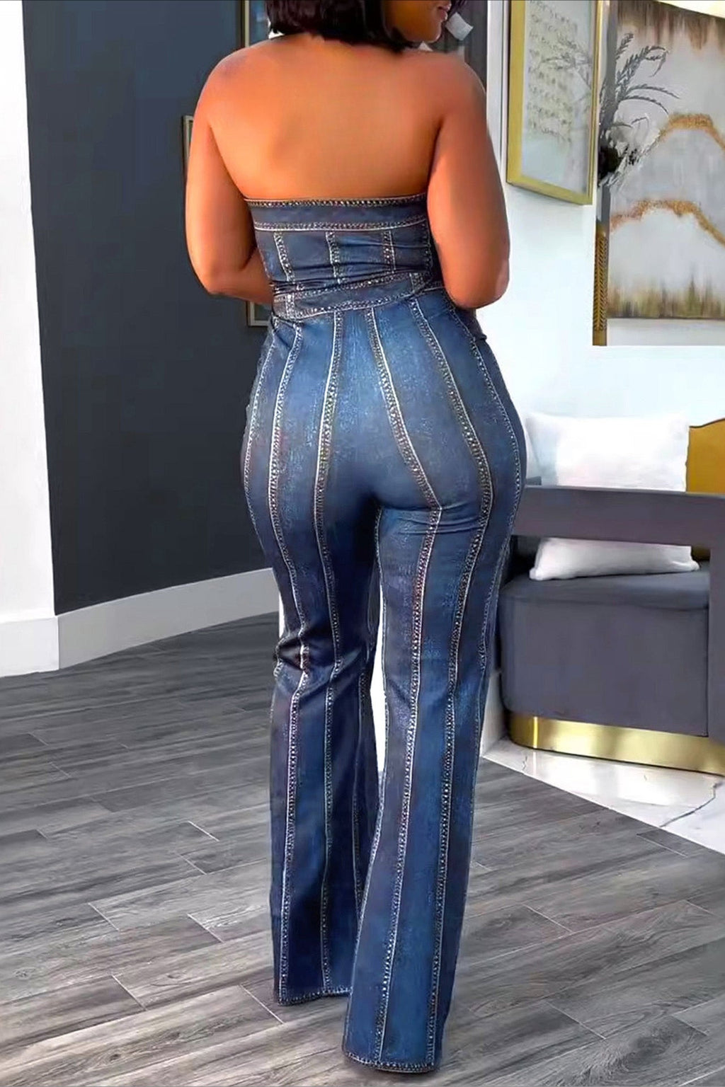 Denim Print Strapless Wide Leg Jumpsuit Lavish Daily