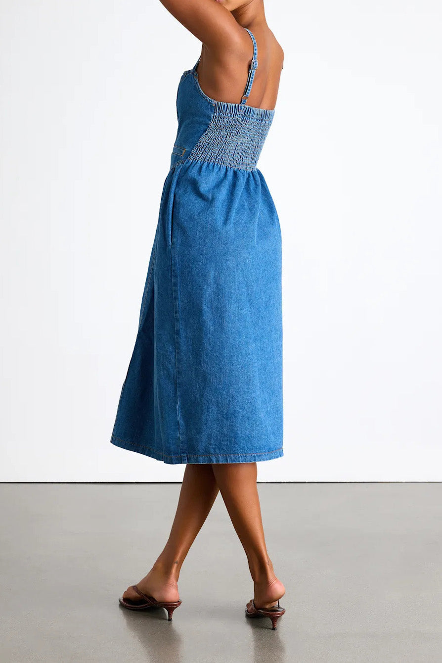 Button-Down Denim Midi Sundress with Pockets Lavish Daily