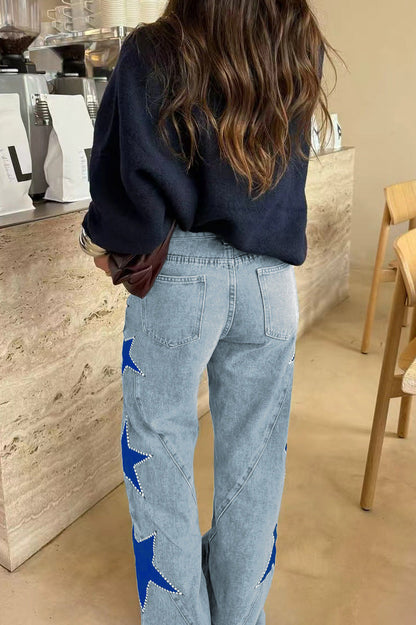 High-Waisted Star Patch Wide Leg Jeans Lavish Daily