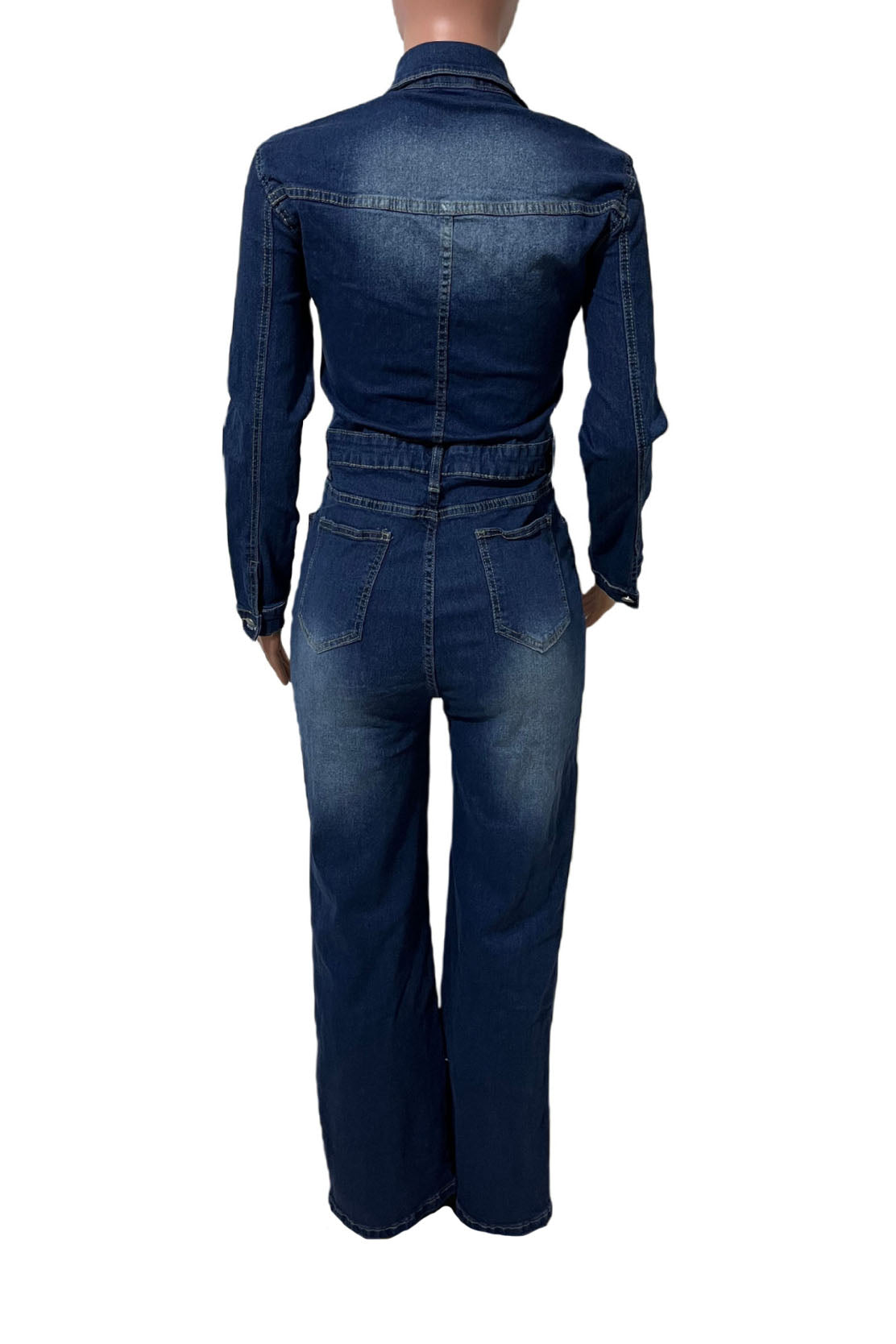 Stretch Flare Long Sleeve Denim Jumpsuit Lavish Daily