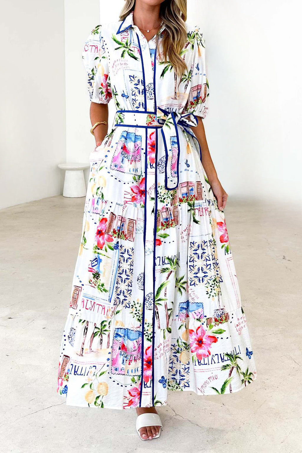 Short Sleeve Cotton Linen Flower Print Dress Lavish Daily