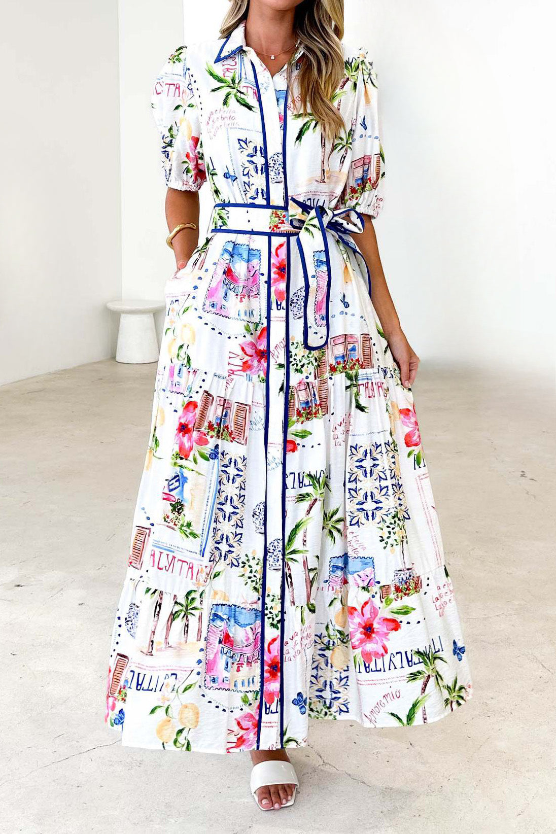 Short Sleeve Cotton Linen Flower Print Dress Lavish Daily