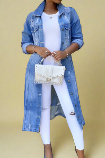 Ripped Long Denim Jacket Lavish Daily