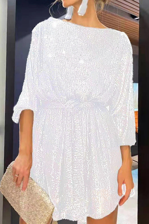 Sequin Tie Waist Long Sleeve Mini Dress Lavish Daily
