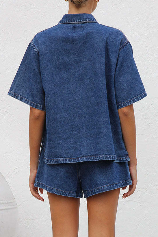 Loose Pocket Denim Shirt & Shorts Set Lavish Daily