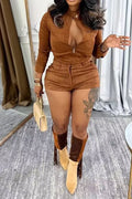 Long Sleeve Stretch Suede Shorts Set Lavish Daily