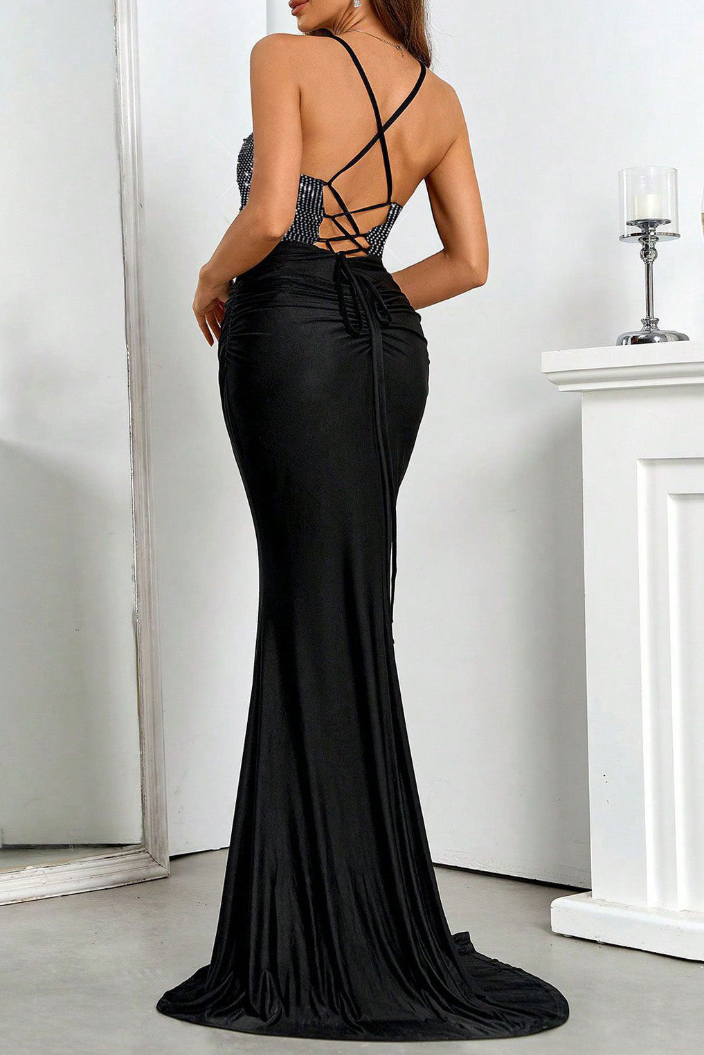 Rhinestone Lace-Up Cutout Mermaid Dress Lavish Daily