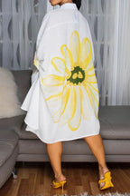 Sunflower Print Off-White Linen Shirt Dress Lavish Daily