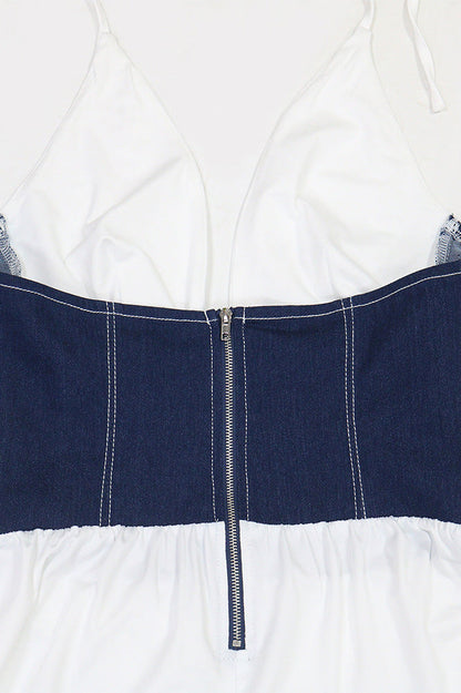 Slim Fit Denim Patchwork Deep V Slit Dress Lavish Daily
