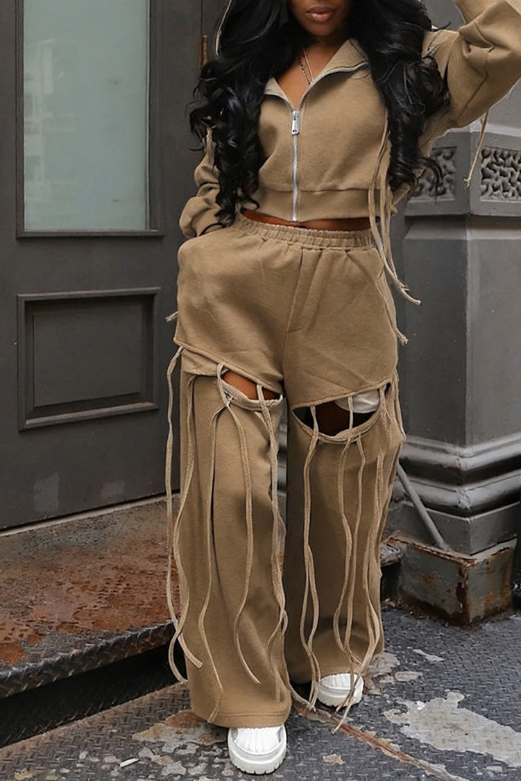 Hooded Zip-Up Sweatshirt & Distressed Wide-Leg Pants Set Lavish Daily