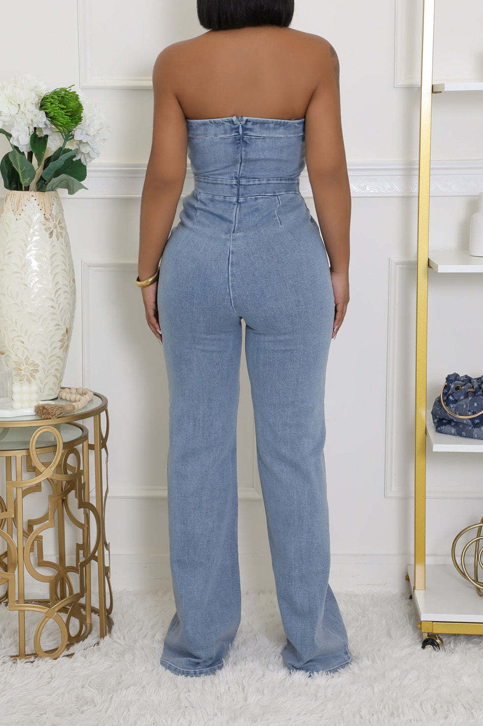 Strapless Slim Fit Washed Denim Jumpsuit Lavish Daily