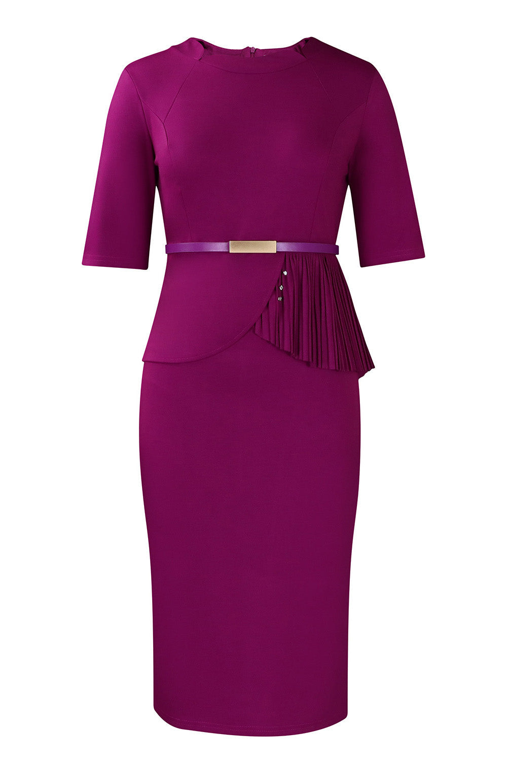 Solid Short Sleeves Knee Length Peplum Dress Lavish Daily