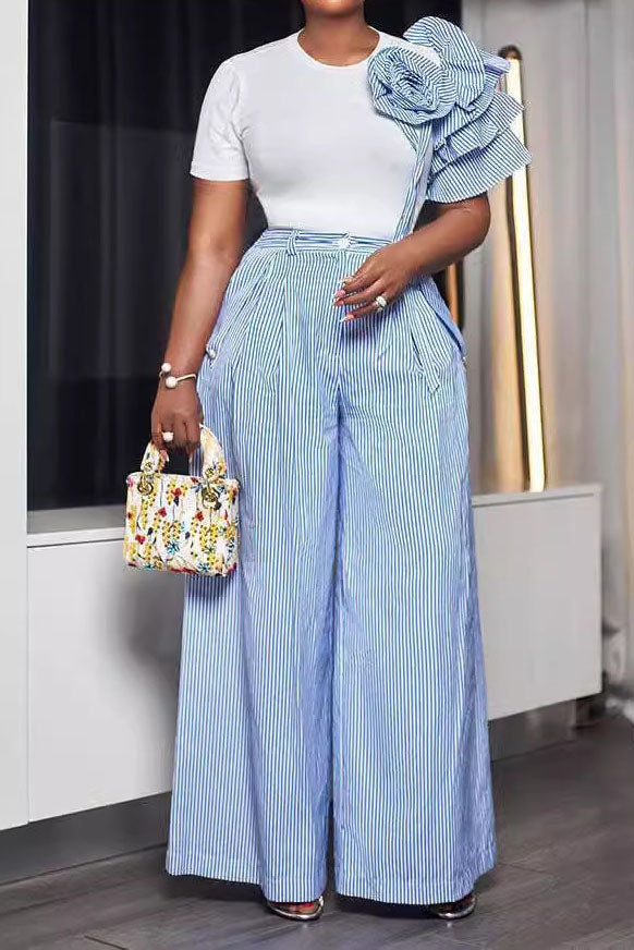 Single Ruffle Sleeve T-Shirt Striped Pants Set Lavish Daily