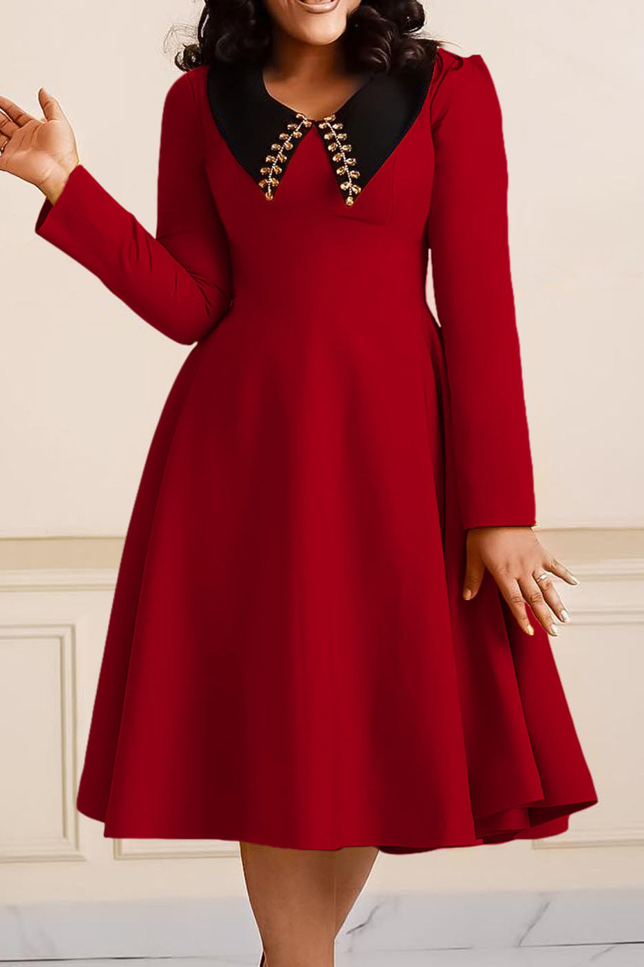 Solid Color Long Sleeve Lapel Elegant Dress Lavish Daily