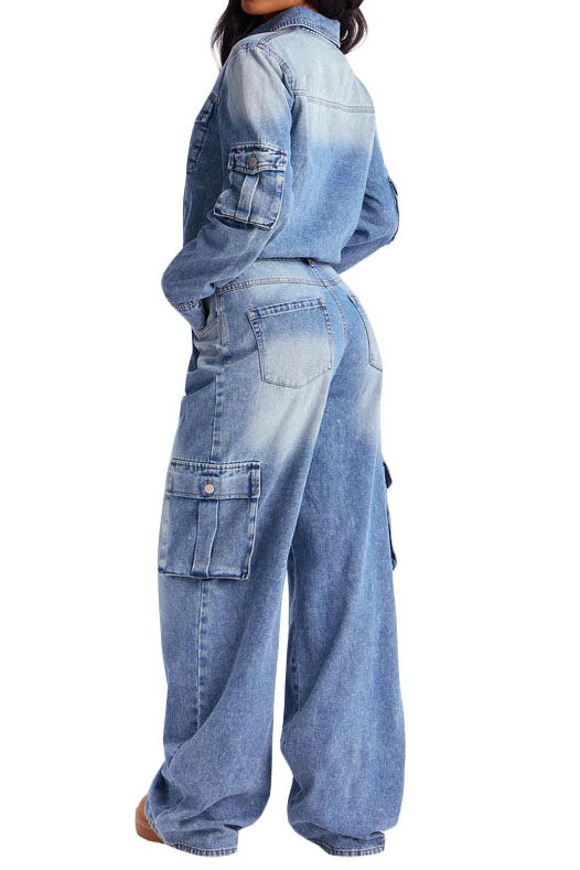 Washed Denim Utility Wide Leg Jumpsuit Lavish Daily