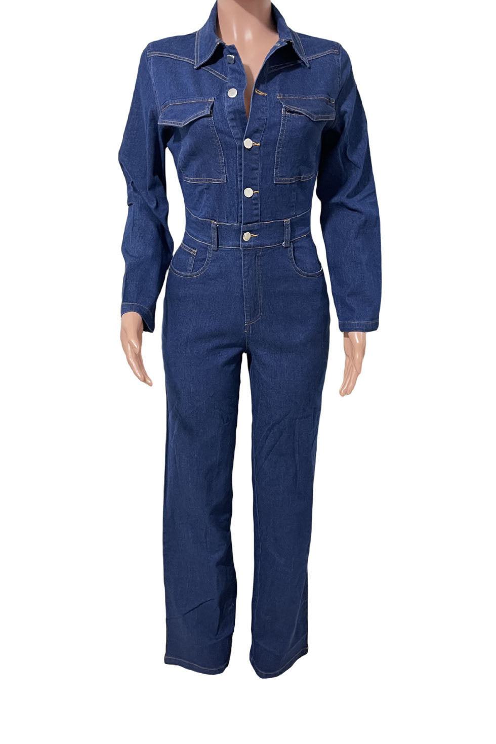 Stretch Flare Leg Long Sleeve Denim Jumpsuit Lavish Daily