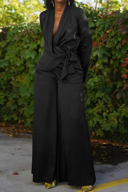 Plunging Wrap Tie Top & Wide Leg Pant Set Lavish Daily