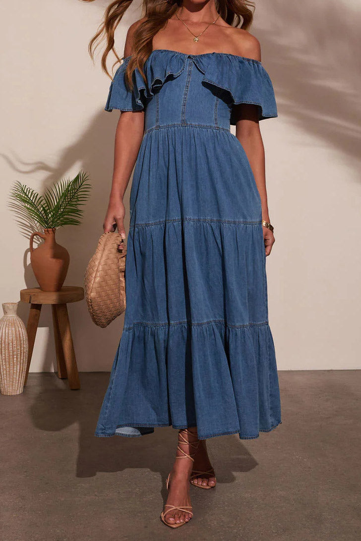 Off Shoulder Ruffle Tiered Denim Dress Lavish Daily