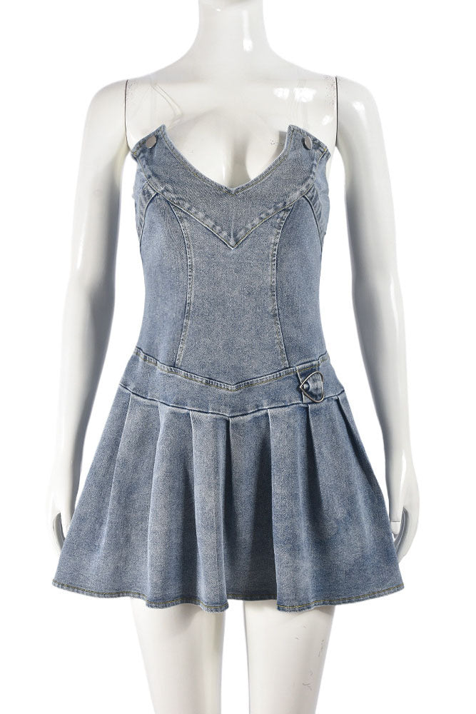 V Neck Pleated Denim Dress Lavish Daily