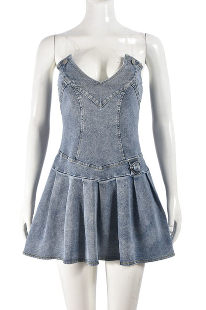 V Neck Pleated Denim Dress Lavish Daily