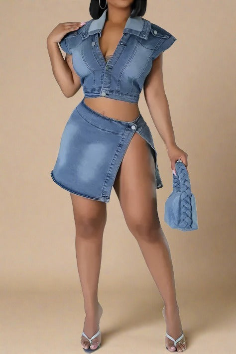 Turndown Collar High Split Denim Skirt Set Lavish Daily