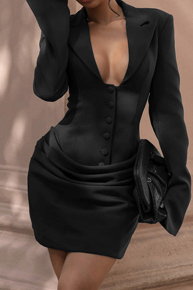 Deep V Button Front Blazer Dress Lavish Daily