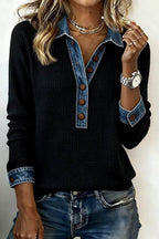 Denim Collar Long Sleeve Knit Pullover Top LavishDaily