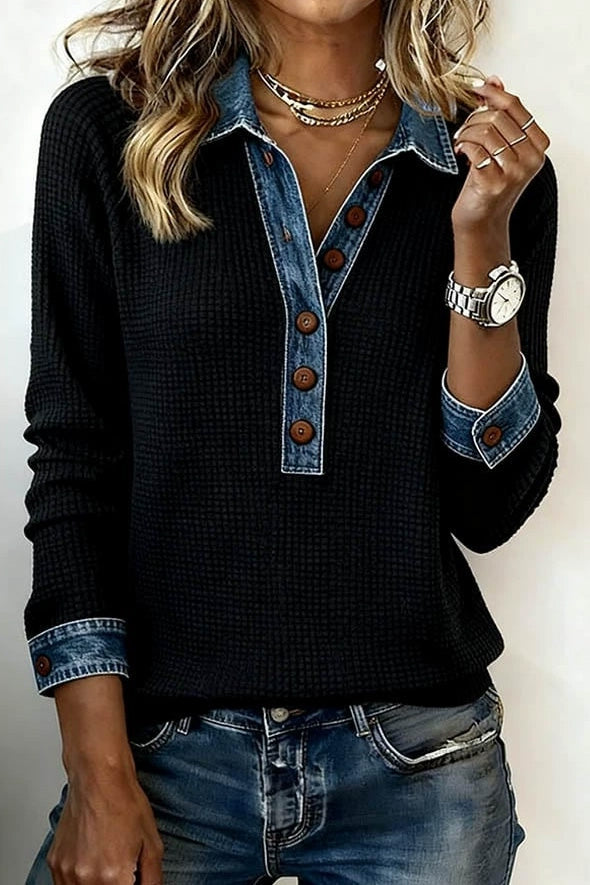 Denim Collar Long Sleeve Knit Pullover Top LavishDaily