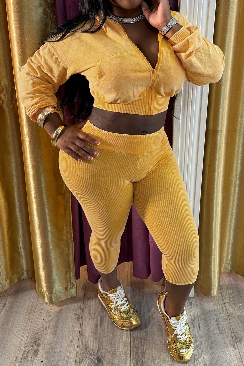 Washed Hoodie & Ribbed Capri Leggings Set Lavish Daily